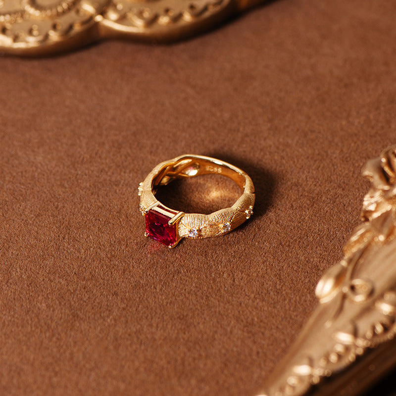 Lattice Brushed Ruby Wrought Faceted Cultured Diamond Ring