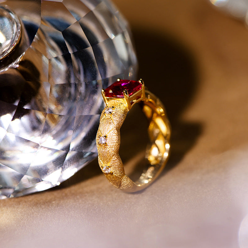 Lattice Brushed Ruby Wrought Faceted Cultured Diamond Ring