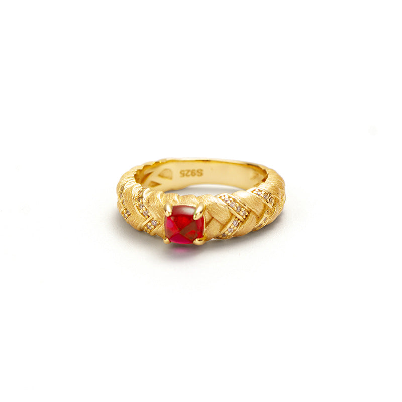 Red Corundum Sterling Silver Woven and Brushed Ring