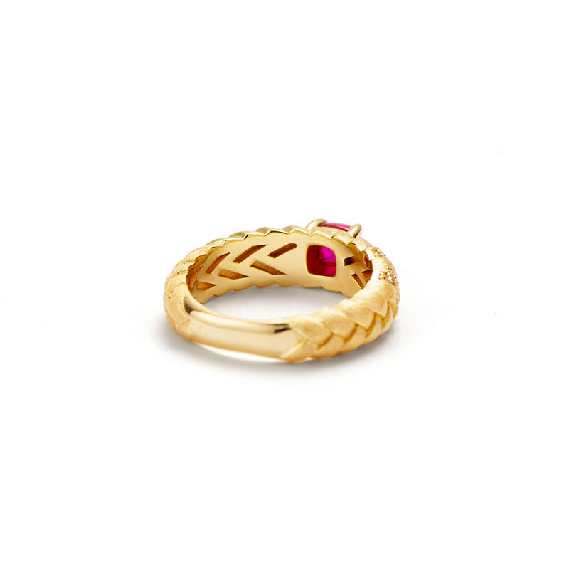 Red Corundum Sterling Silver Woven and Brushed Ring