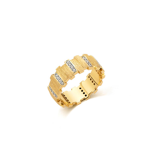 Irregular small gold bar with diamonds and brushed patchwork ring