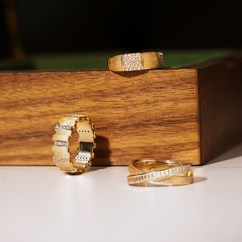Irregular small gold bar with diamonds and brushed patchwork ring