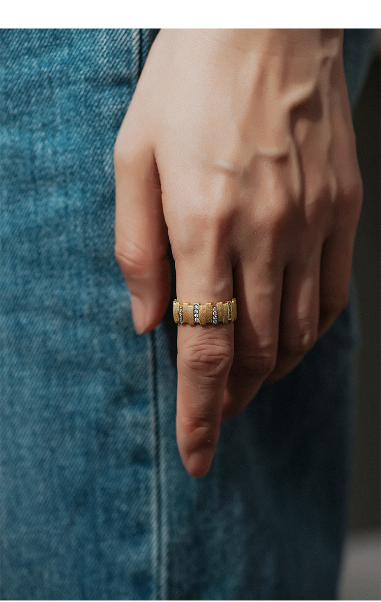 Irregular small gold bar with diamonds and brushed patchwork ring