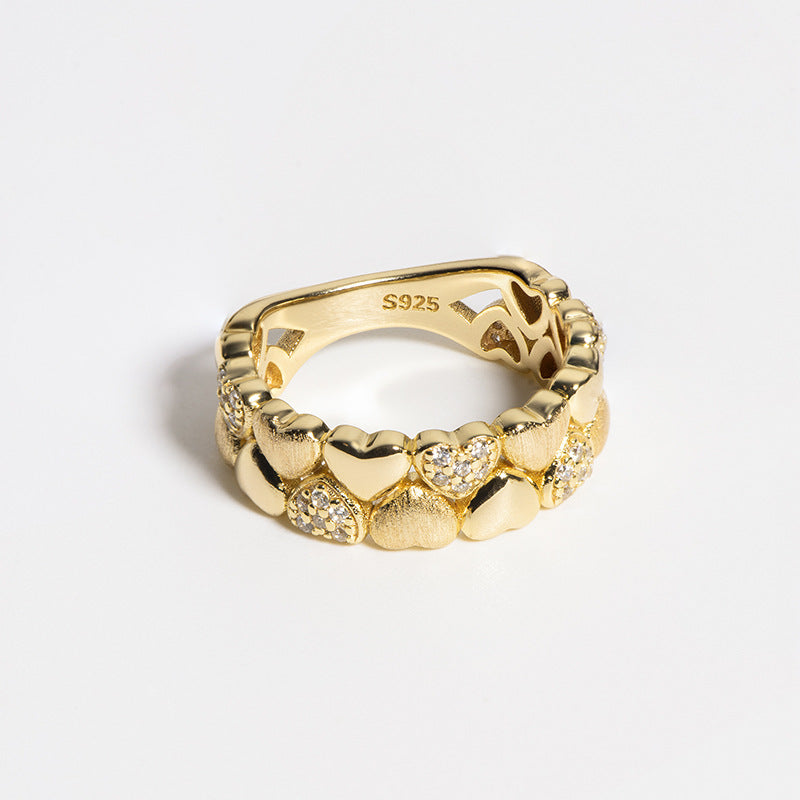 Double rows of love heart patchwork gold brushed finger ring