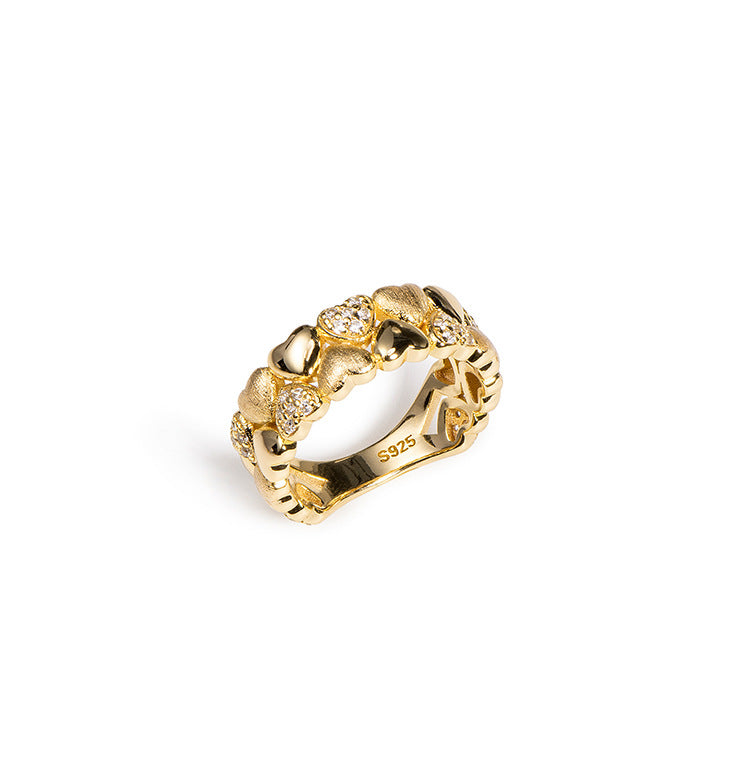 Double rows of love heart patchwork gold brushed finger ring