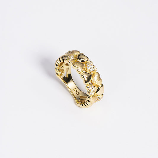 Double rows of love heart patchwork gold brushed finger ring