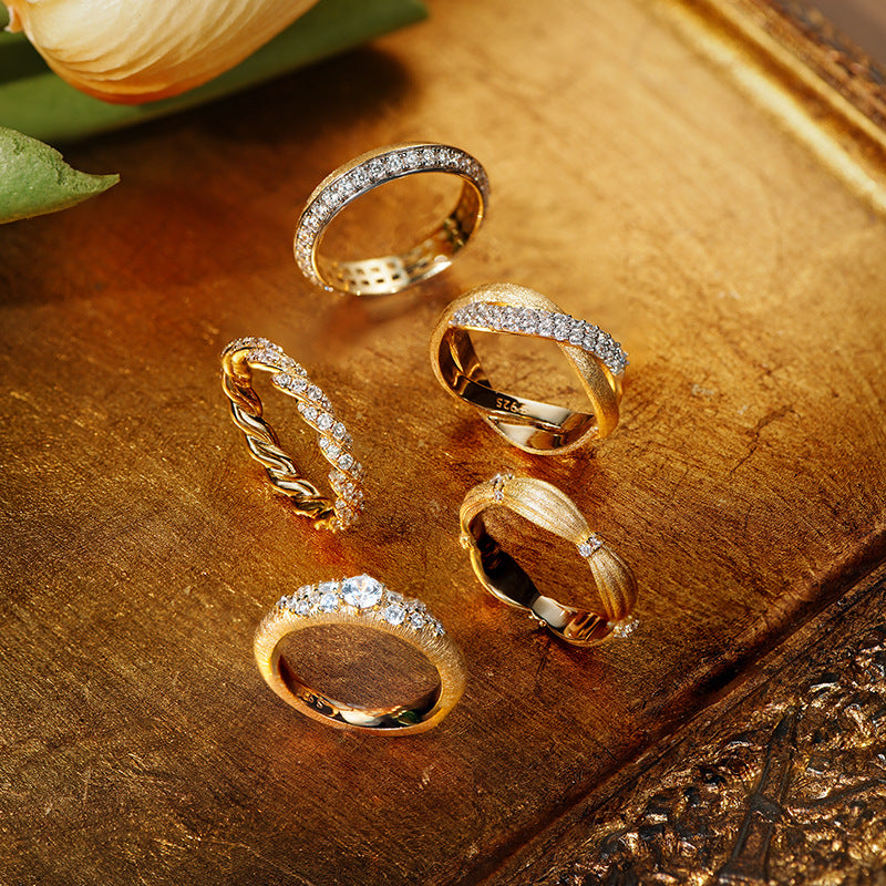 Hand Brushed Patchwork Gold Row Diamond Ring Stackable
