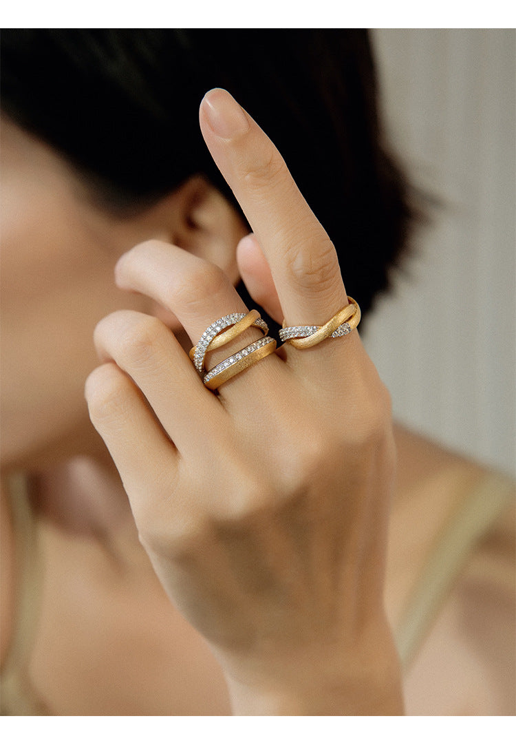 Hand Brushed Patchwork Gold Row Diamond Ring Stackable
