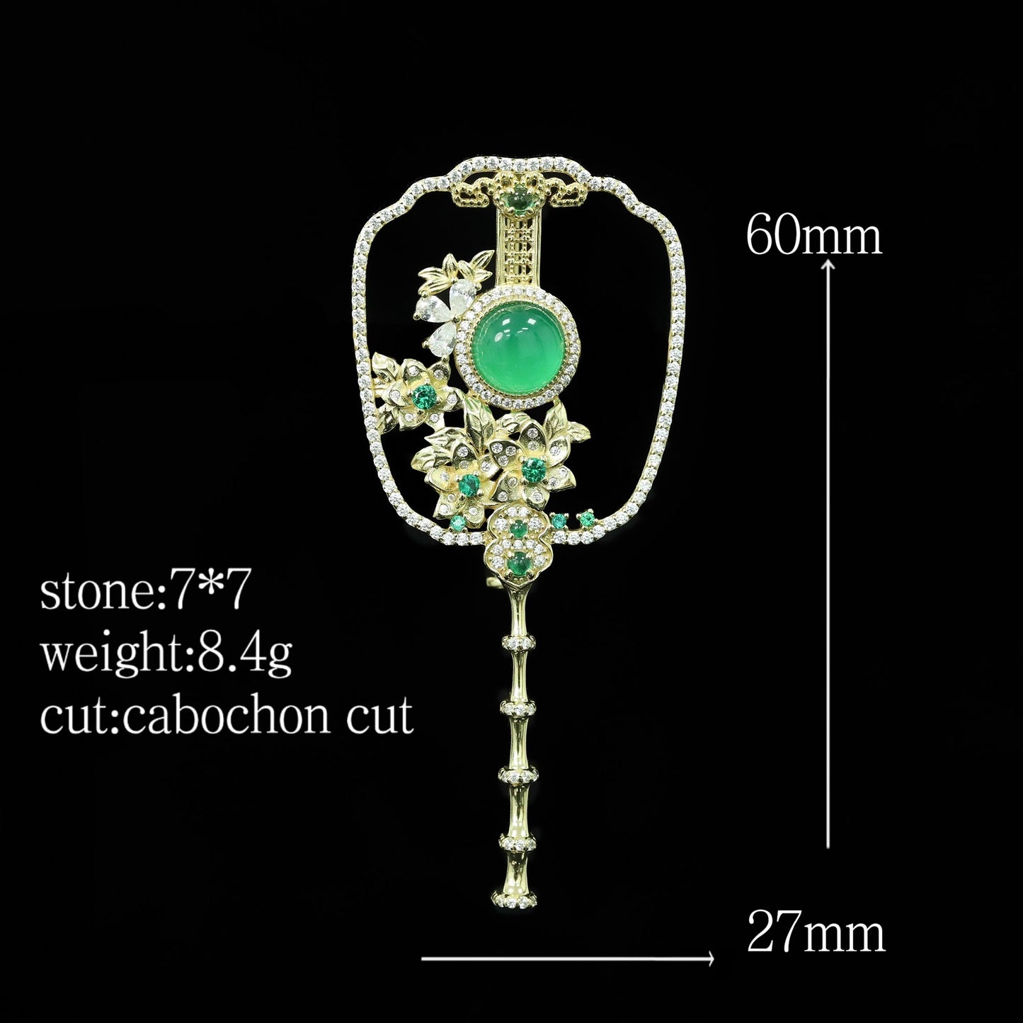 High Carbon Diamond Elegant Gold Natural Chalcedony Fan Brooch