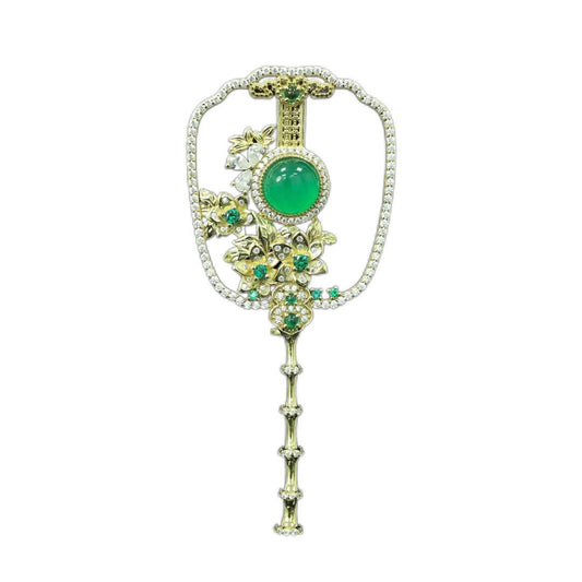 High Carbon Diamond Elegant Gold Natural Chalcedony Fan Brooch