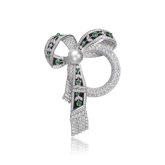 Vintage Elegant Ribbon Green Nano Pearl Brooch