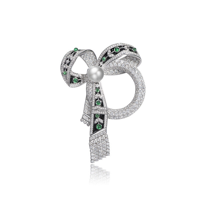 Vintage Elegant Ribbon Green Nano Pearl Brooch