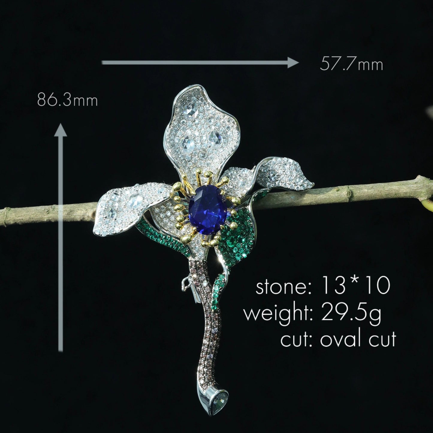 High Carbon Diamond Royal Blue Cindychao Floral Flower Genie Brooch