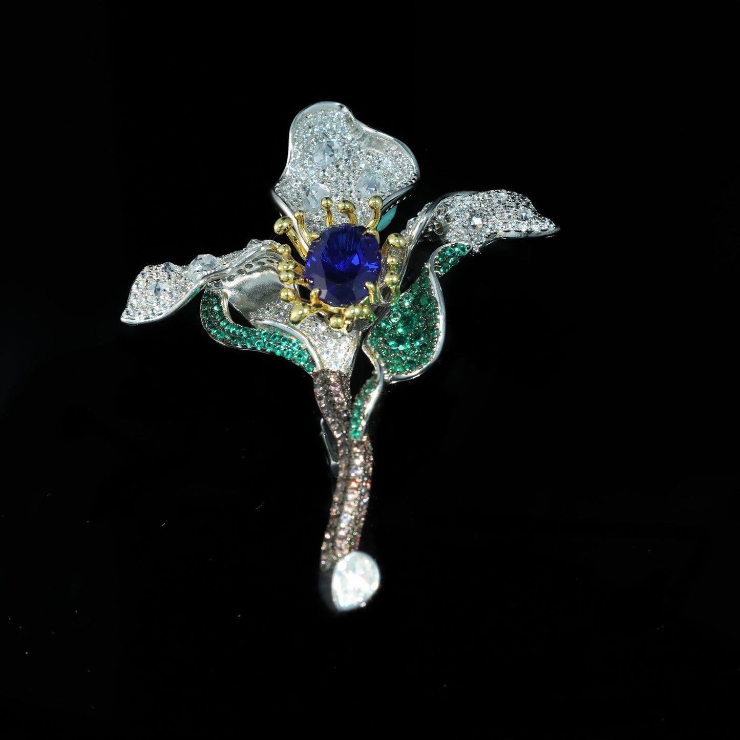 High Carbon Diamond Royal Blue Cindychao Floral Flower Genie Brooch