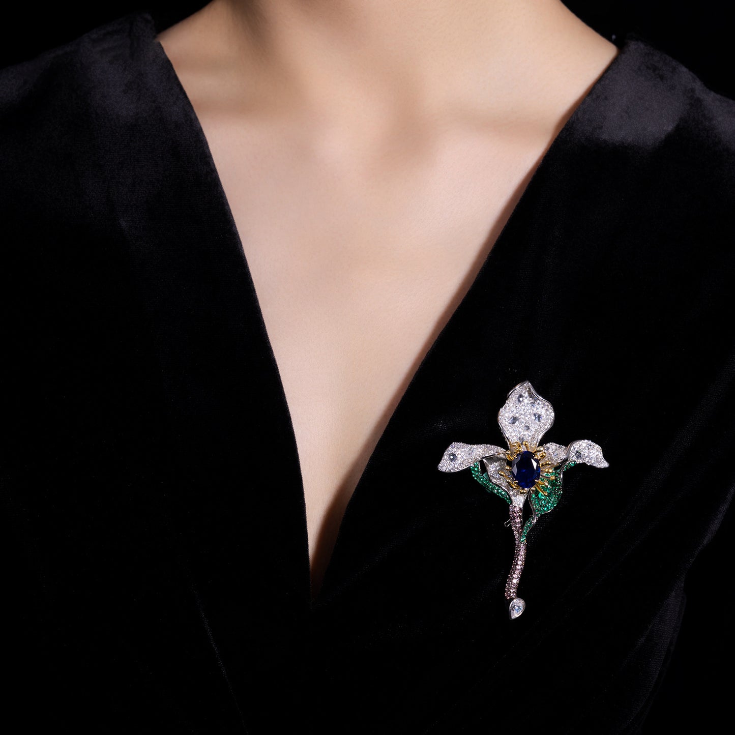 High Carbon Diamond Royal Blue Cindychao Floral Flower Genie Brooch
