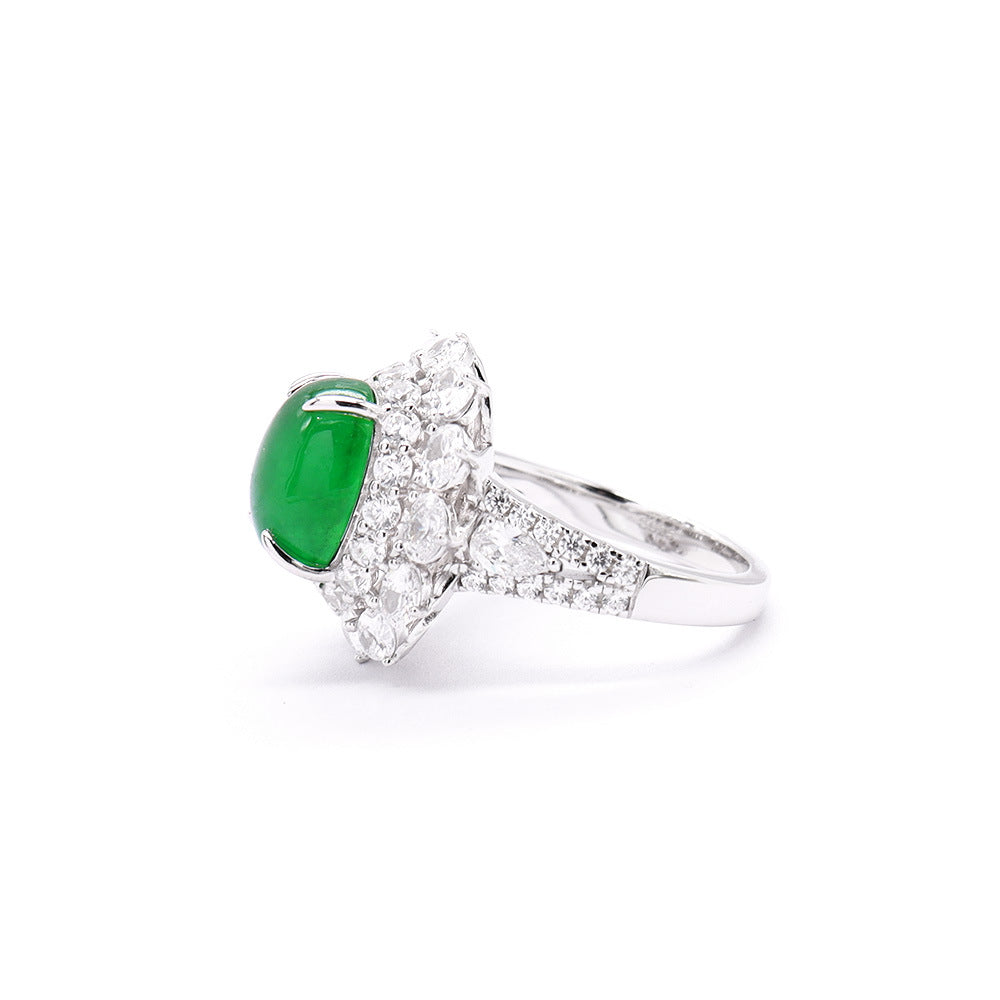 Silver and Chalcedony Rose Cut Egg Faceted Imperial Green Ring