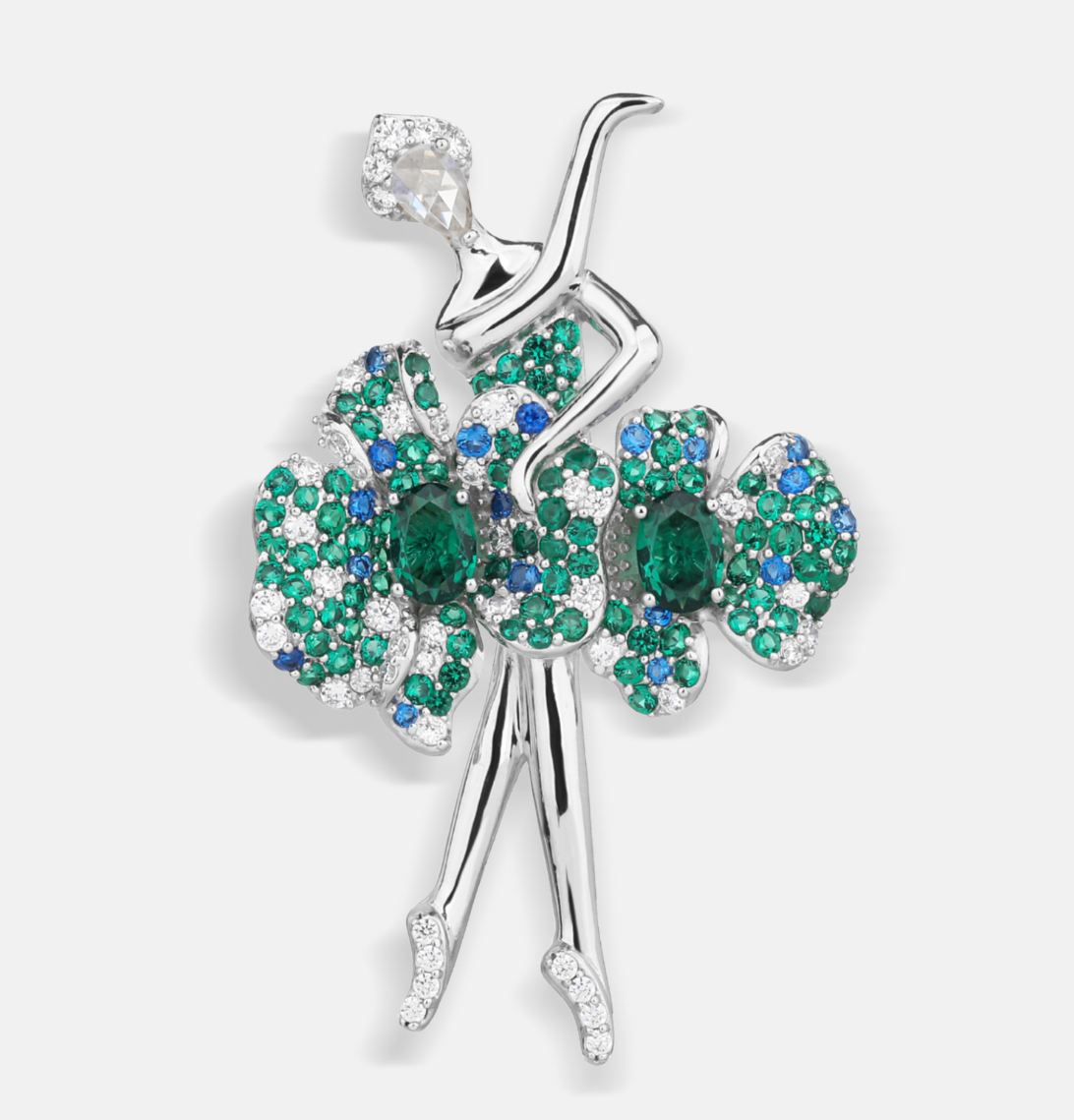 Dancing Girl Diamond Brooch Green Necklace Pendant Dual Purpose Corsage