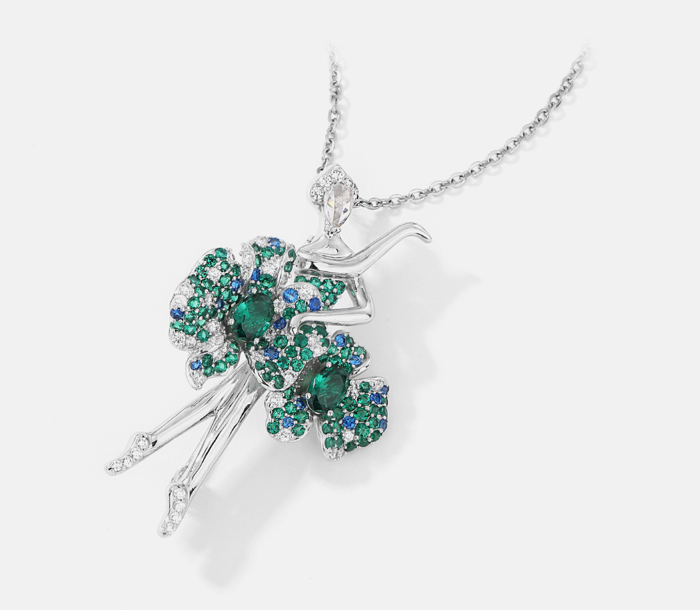 Dancing Girl Diamond Brooch Green Necklace Pendant Dual Purpose Corsage