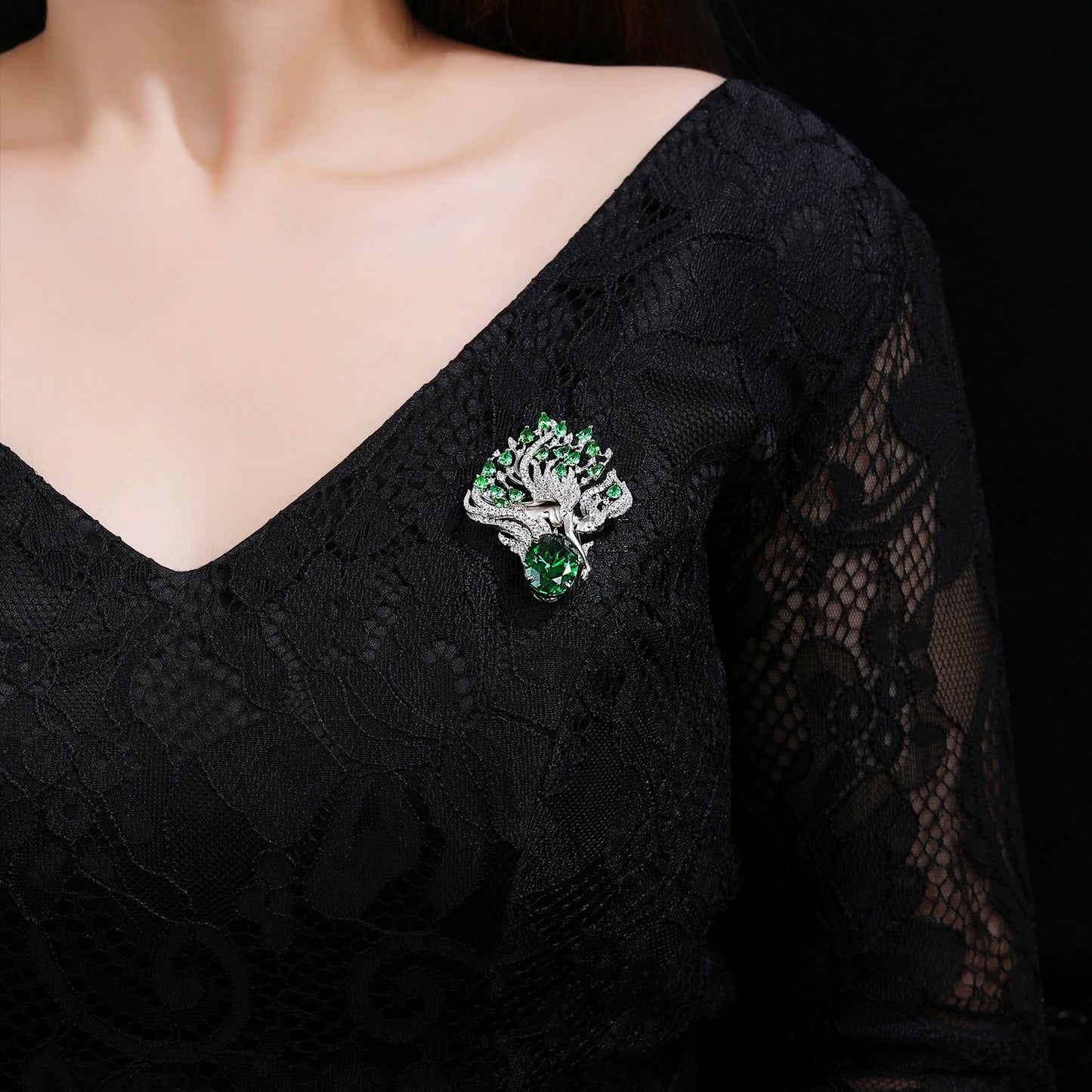 Silver Green Diamond Angel Brooch Necklace Pendant Dual Purpose Corsage