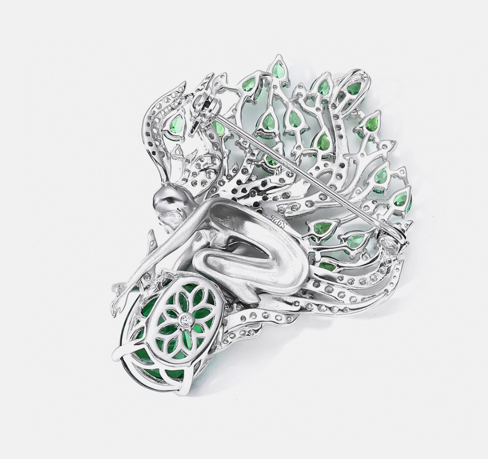 Silver Green Diamond Angel Brooch Necklace Pendant Dual Purpose Corsage
