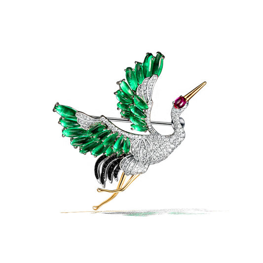 High Carbon Diamond Emerald Oriental Aesthetic Fall/Winter Crane Brooch