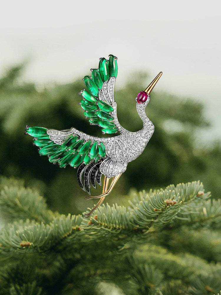 High Carbon Diamond Emerald Oriental Aesthetic Fall/Winter Crane Brooch