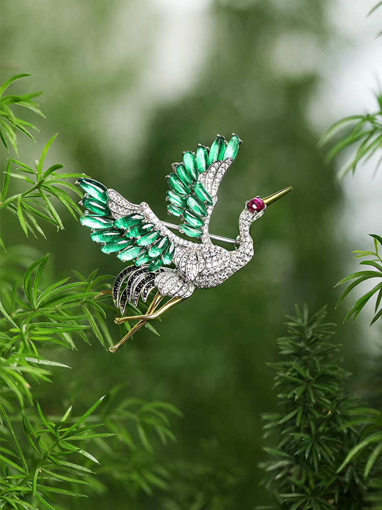 High Carbon Diamond Emerald Oriental Aesthetic Fall/Winter Crane Brooch