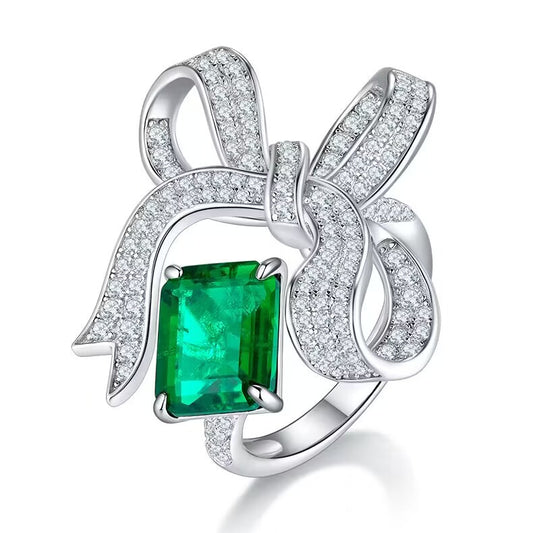 Cultivated Emerald White Gold Plated Bow Ring
