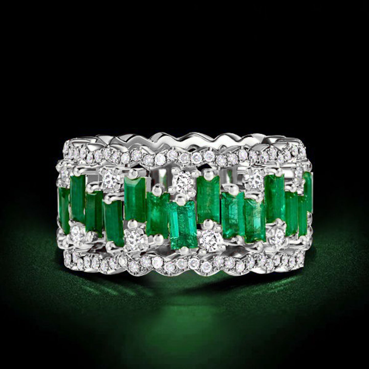 Emerald Baguette Cut High Carbon Diamond Ring