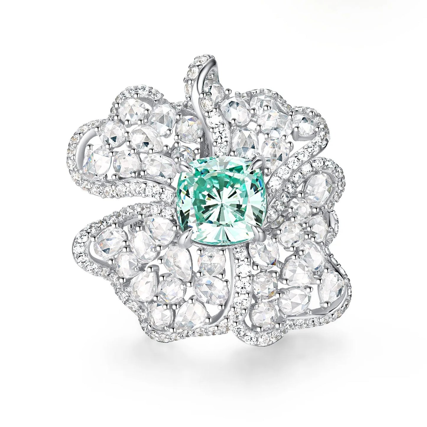 Aquamarine Paraiba Floral High Carbon Diamond Ring