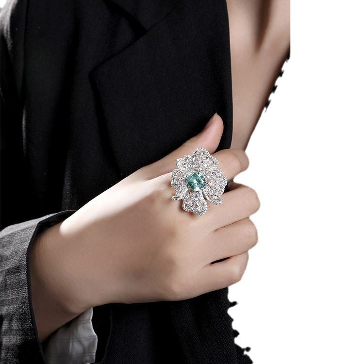 Aquamarine Paraiba Floral High Carbon Diamond Ring