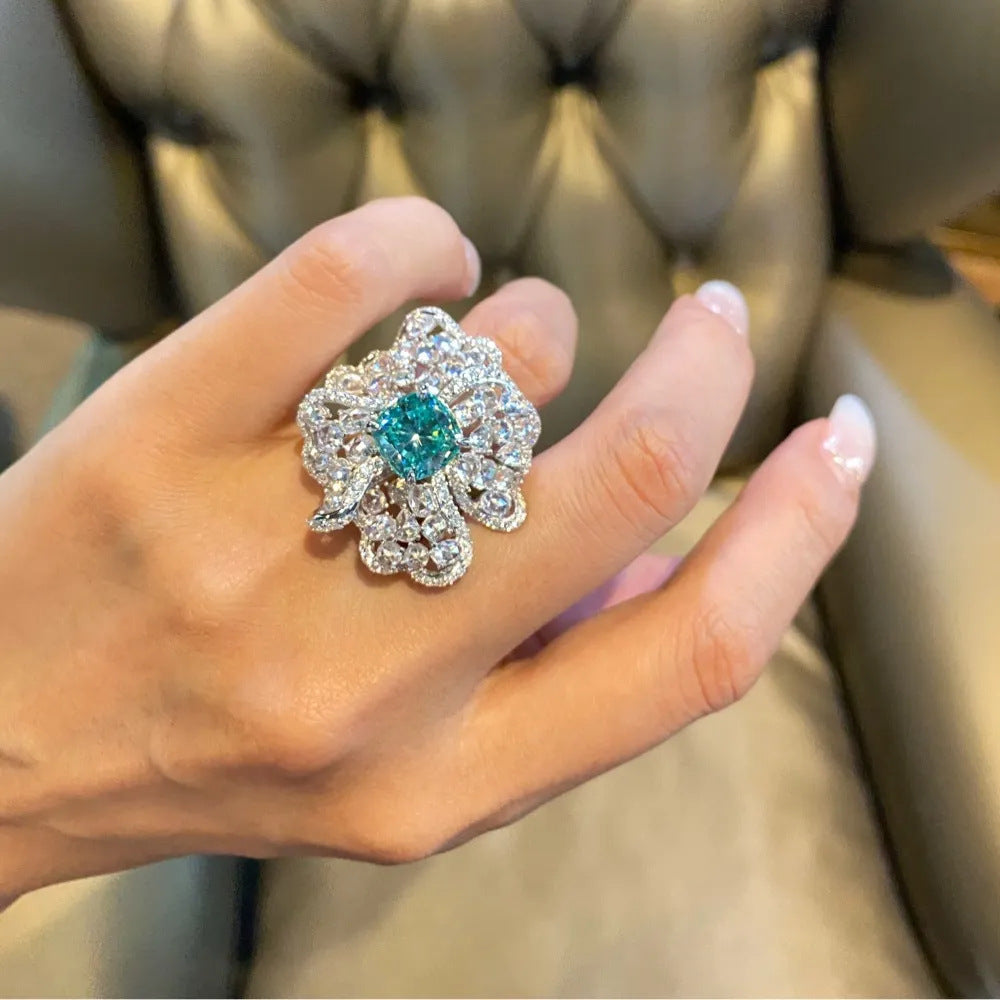 Aquamarine Paraiba Floral High Carbon Diamond Ring