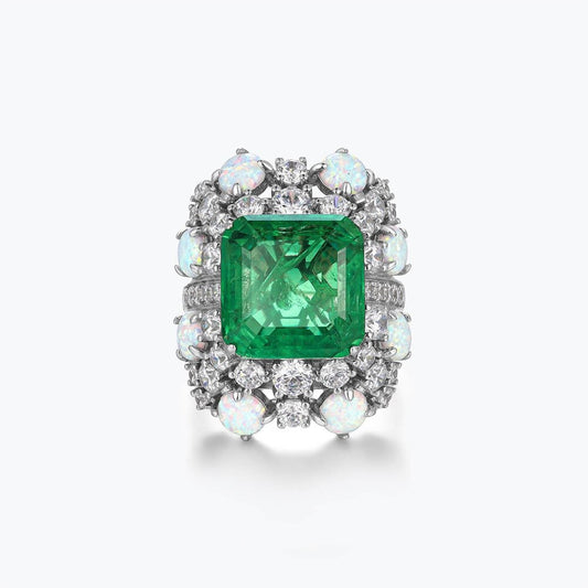 Emerald Colored Stone Flower High Carbon Diamond Ring