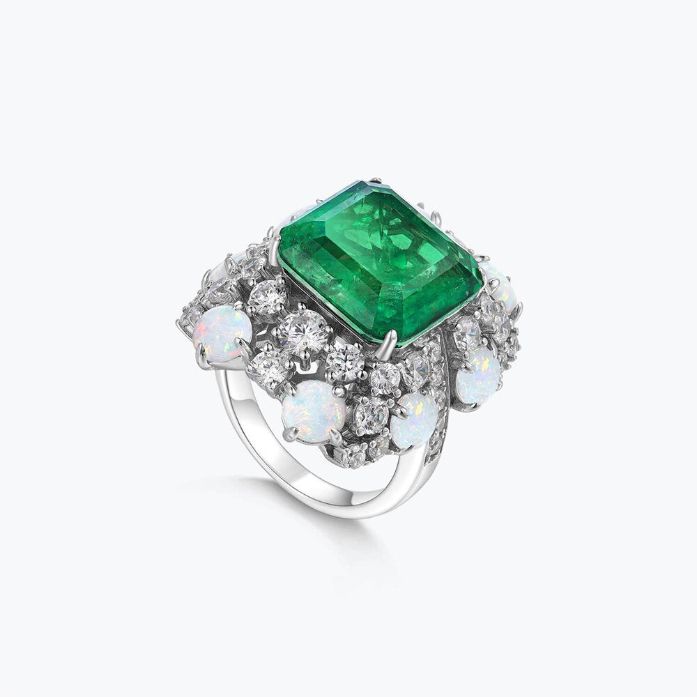 Emerald Colored Stone Flower High Carbon Diamond Ring