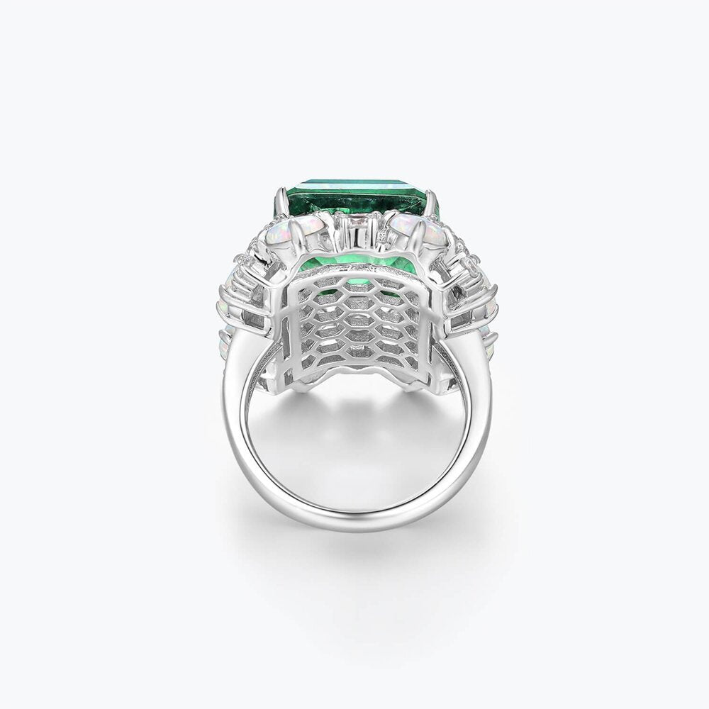 Emerald Colored Stone Flower High Carbon Diamond Ring