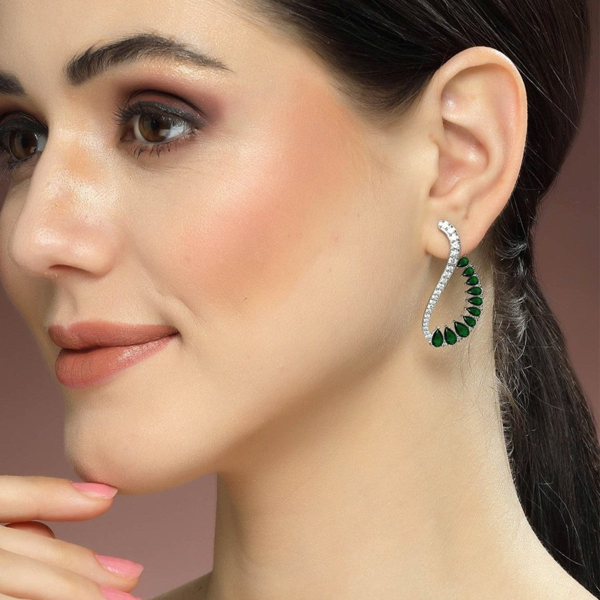 High Carbon Diamond Spirit Snake Muzo Green Silver and Gold Plated Earrings