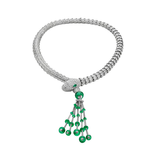 High Carbon Diamond Spirit Snake Bone Wood and Green Silver Gold Plated Necklace