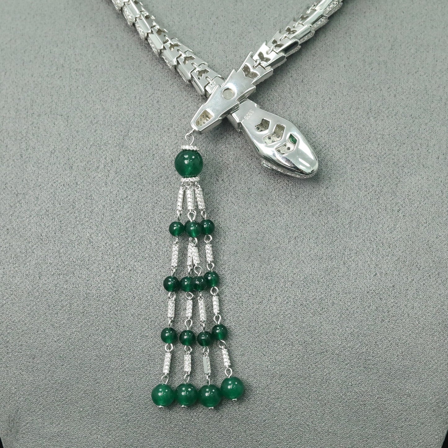 High Carbon Diamond Spirit Snake Bone Wood and Green Silver Gold Plated Necklace