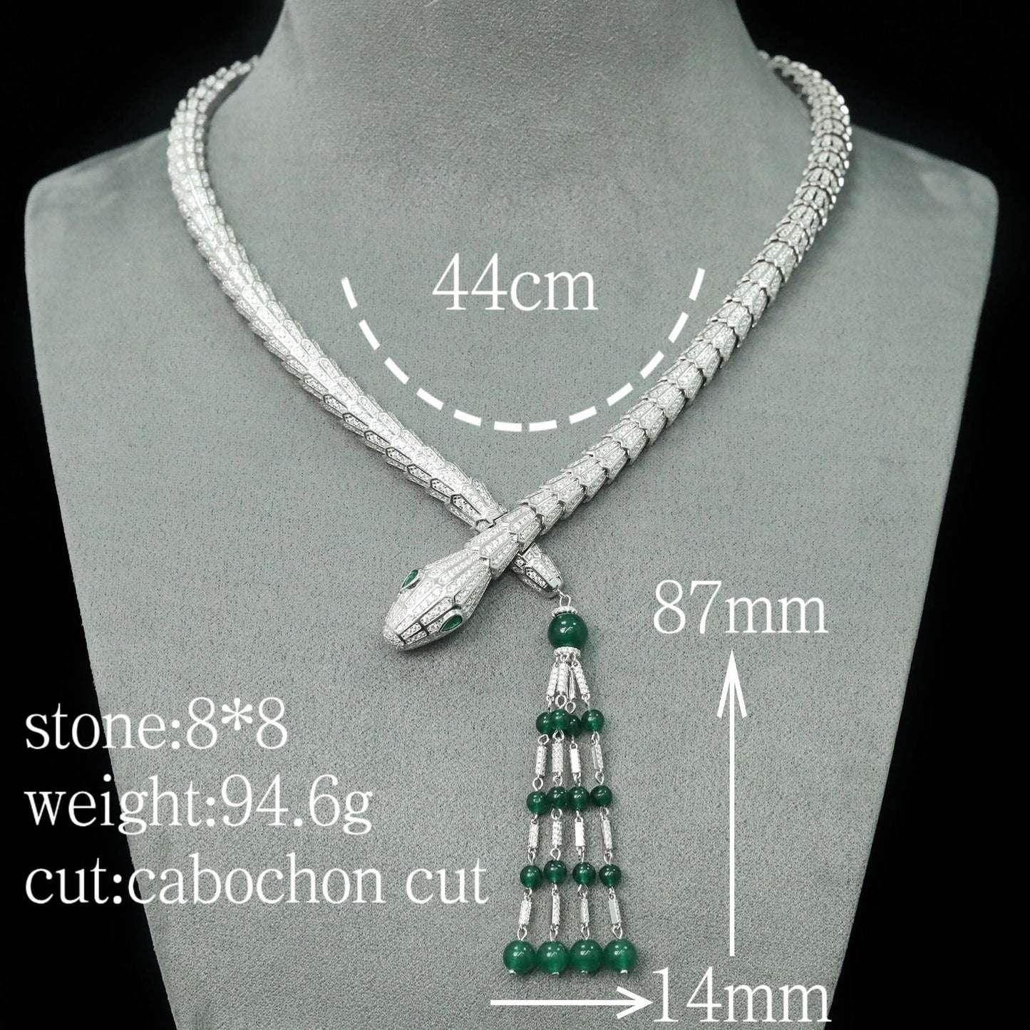 High Carbon Diamond Spirit Snake Bone Wood and Green Silver Gold Plated Necklace