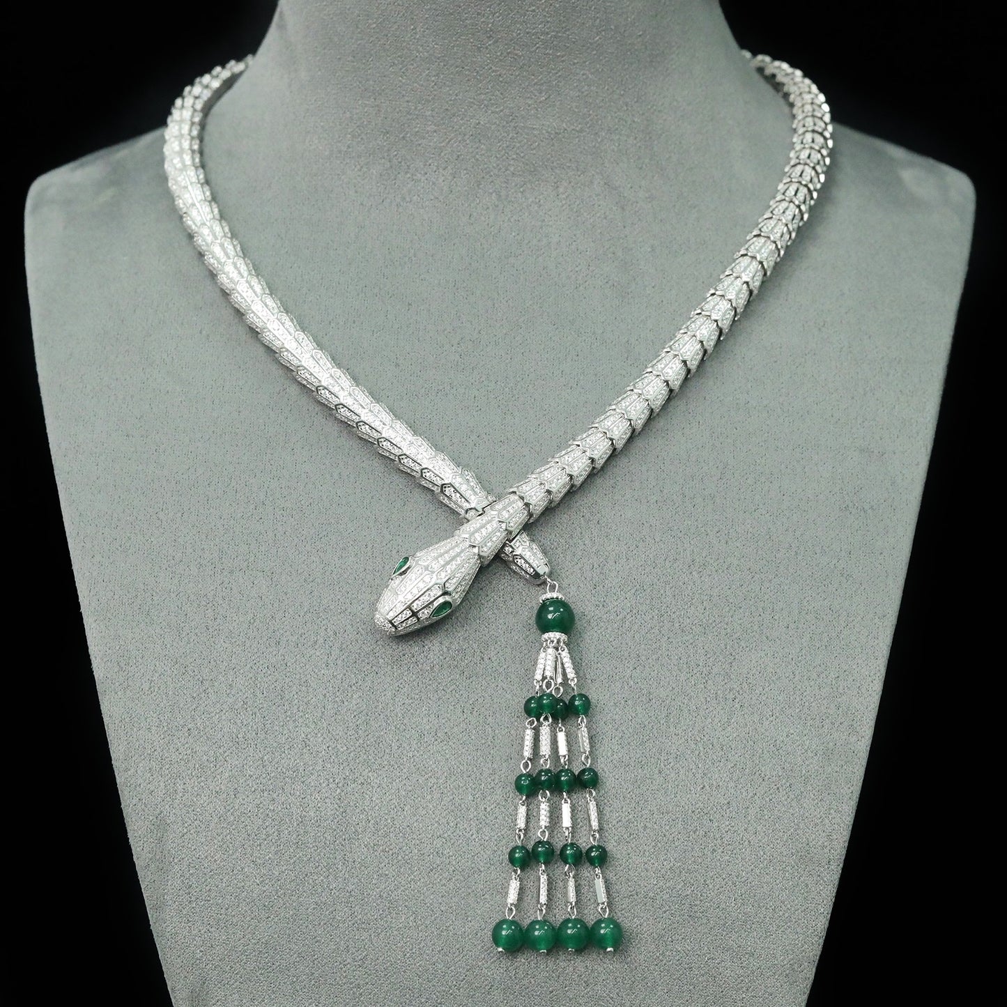 High Carbon Diamond Spirit Snake Bone Wood and Green Silver Gold Plated Necklace