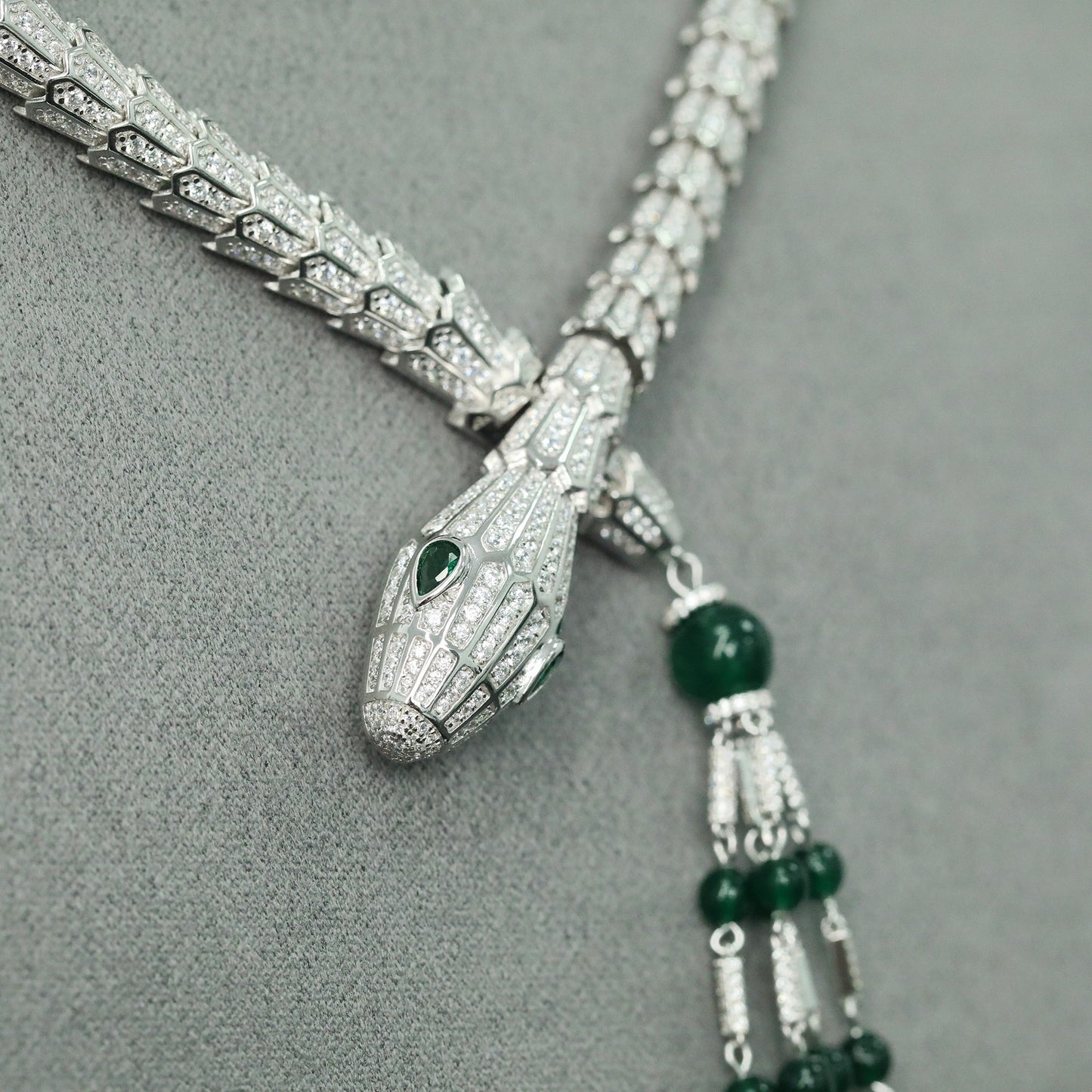 High Carbon Diamond Spirit Snake Bone Wood and Green Silver Gold Plated Necklace