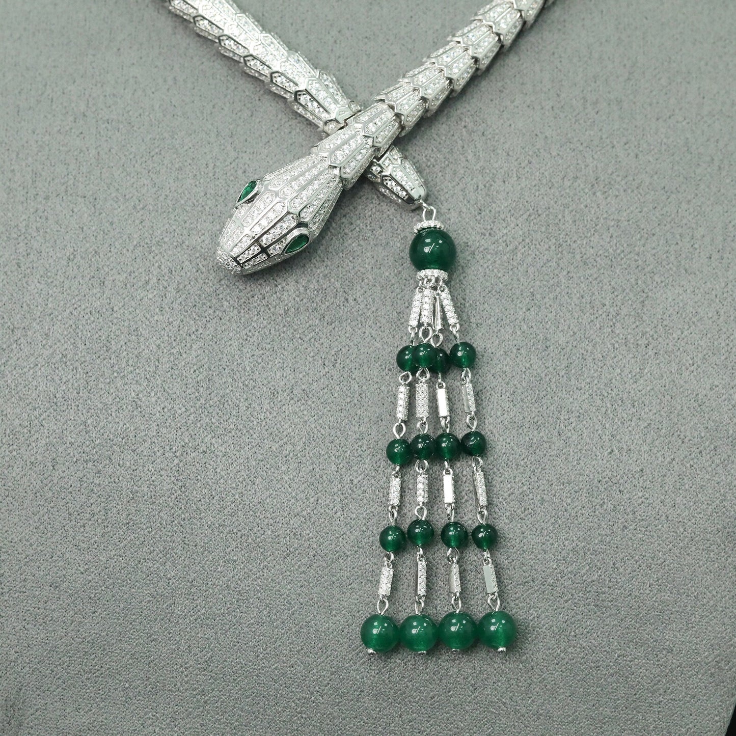 High Carbon Diamond Spirit Snake Bone Wood and Green Silver Gold Plated Necklace