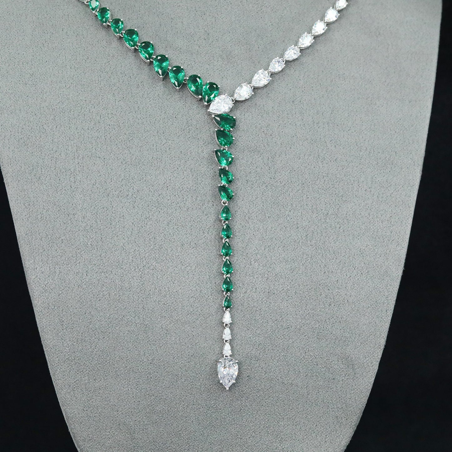 High Carbon Diamond Spirit Snake Muzo Green Teardrop Y Silver Plated Necklace