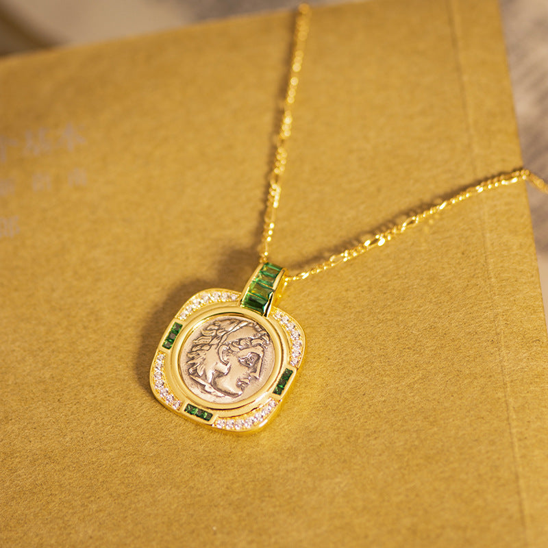 Emerald 18K Gold Vintage Antique Coin Portrait Square Necklace