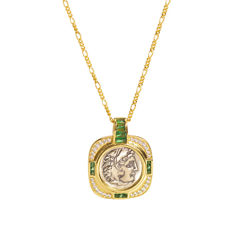 Emerald 18K Gold Vintage Antique Coin Portrait Square Necklace