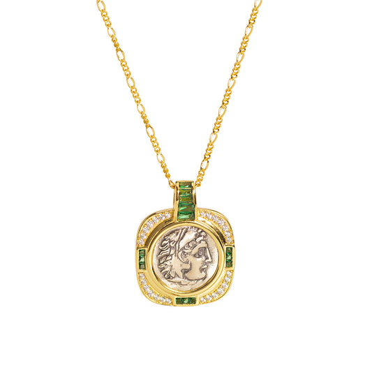 Emerald 18K Gold Vintage Antique Coin Portrait Square Necklace