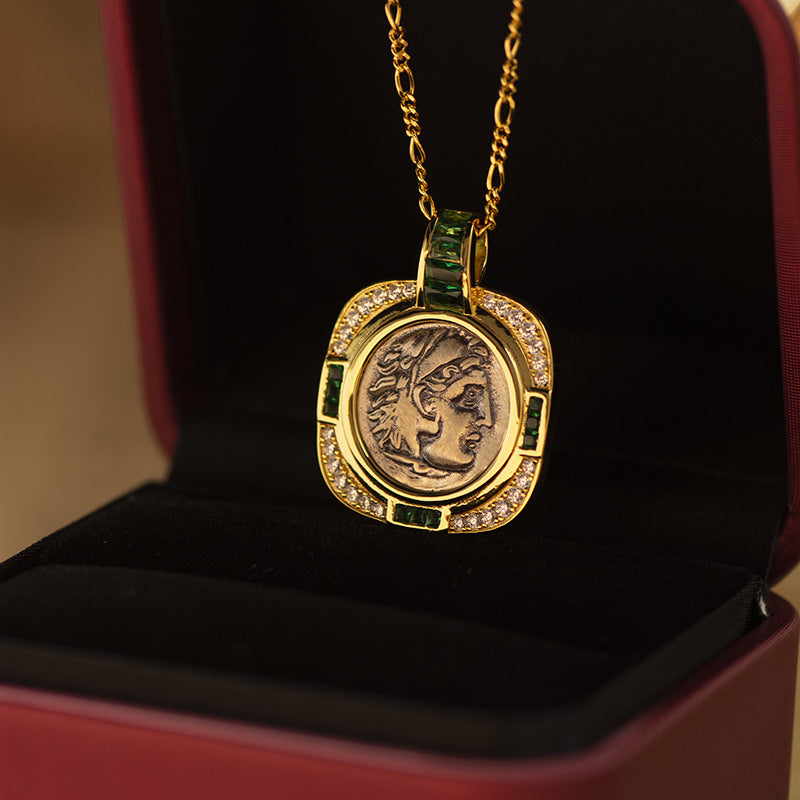 Emerald 18K Gold Vintage Antique Coin Portrait Square Necklace