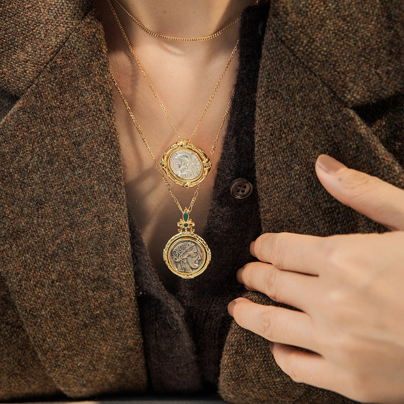 Small Athena Ancient Coin Event Clasp Vintage Sweater Necklace