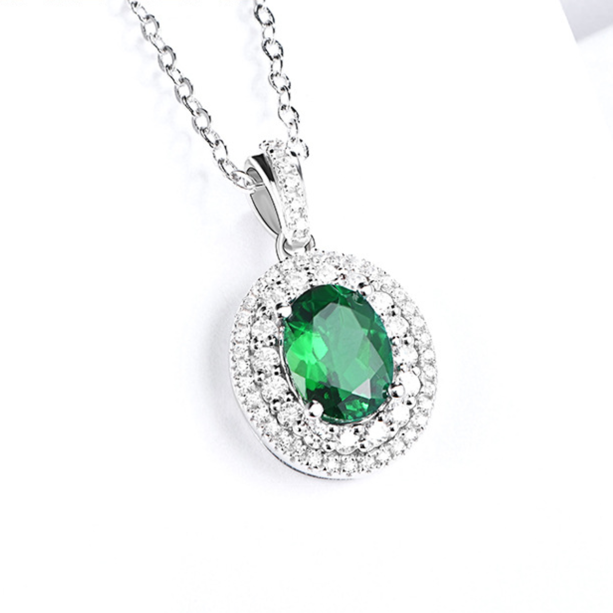 Cultured Emerald Oval Pendant S925 Sterling Silver Simple Emerald Women's Necklace