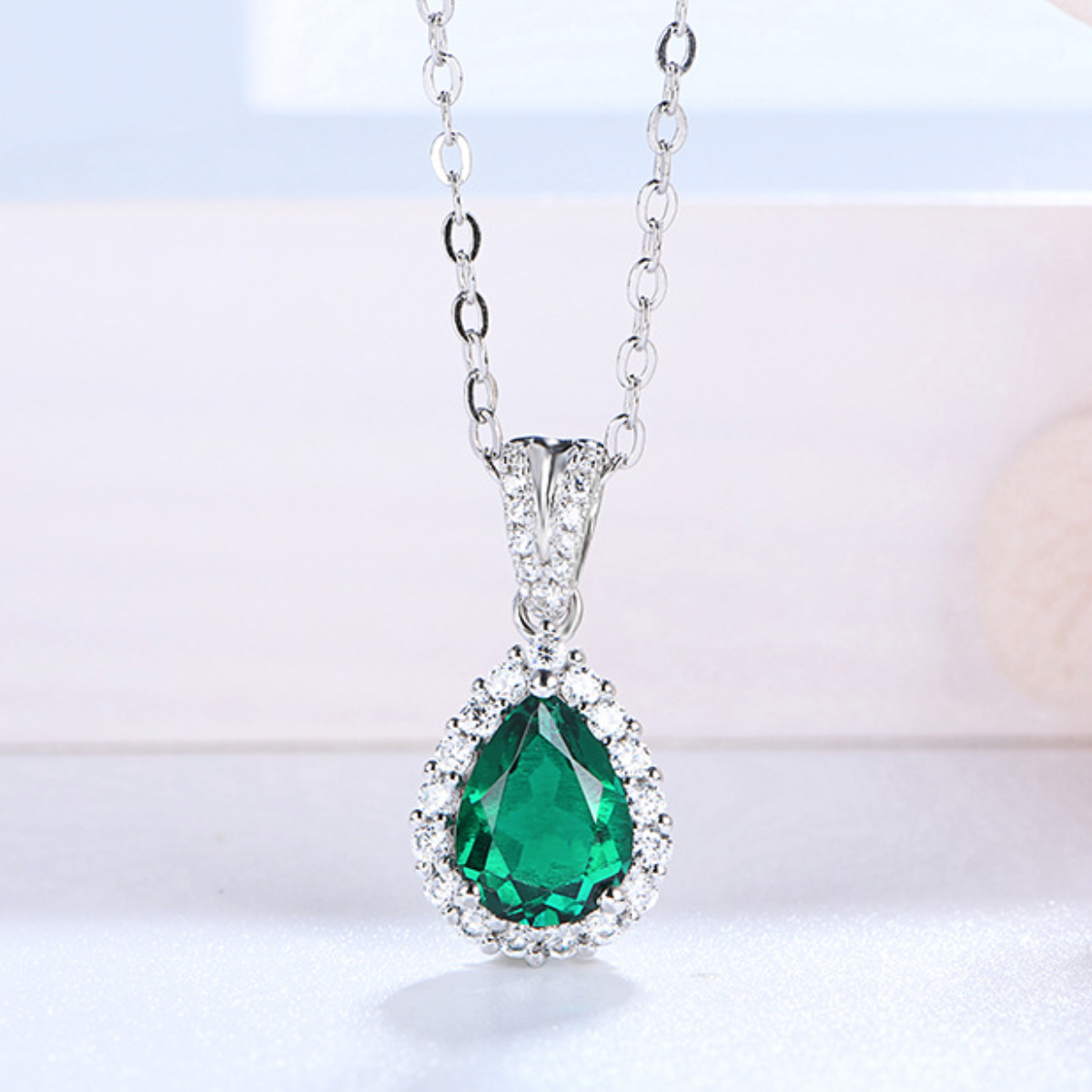 925 Silver 1 Carat Teardrop Cultured Emerald Necklace Teardrop Emerald Pendant